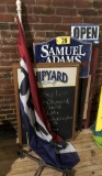 SHIPYARD MENU BOARDS, SAMUEL ADAMS A-FRAME (NEEDS REPAIR) & OPEN FLAG
