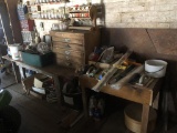 WOOD TOOL BOX, ASSORTED FASTENERS, FILES, ELECTRICAL & MISCELLANEOUS