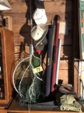 LOT OF (4) FISHING NETS, (3) ROD CASES, WADERS
