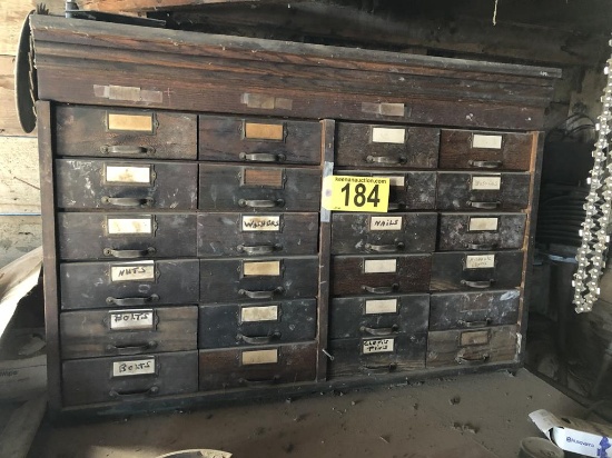 WOOD 24-DRAWER STORAGE BOX & CONTENTS