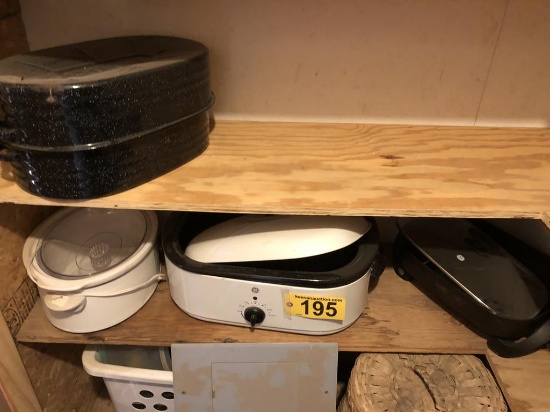HEATER, GE ROASTER, CROCK POT, ELECTRIC SKILLET, FRYER, COFFEE URN & MISC.