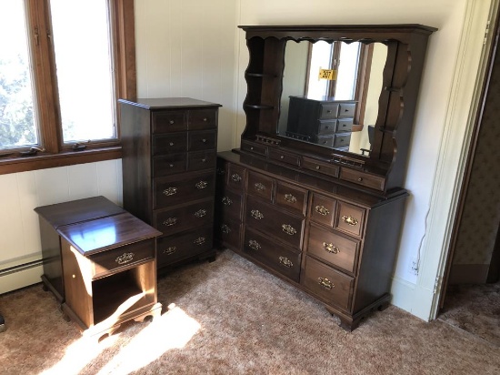 MOOSEHEAD FURNITURE TRIPLE DRESSER, TALL BOY, (2) END TABLES, MIRROR