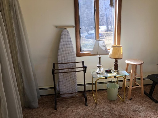END TABLE, LAMPS, BLANKET STAND & STOOL