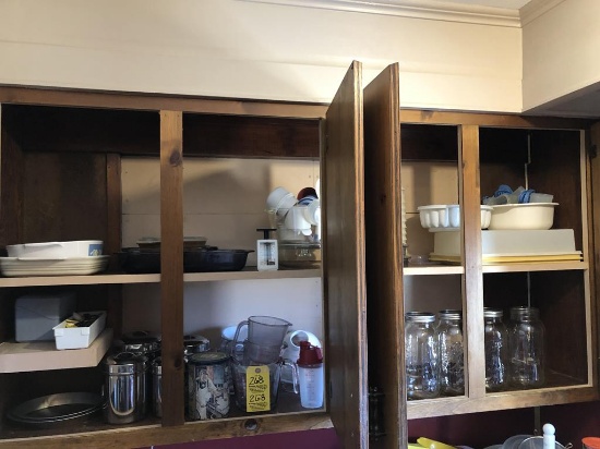 LOT OF BAKEWARE, MASON JARS IN CUPBOARDS