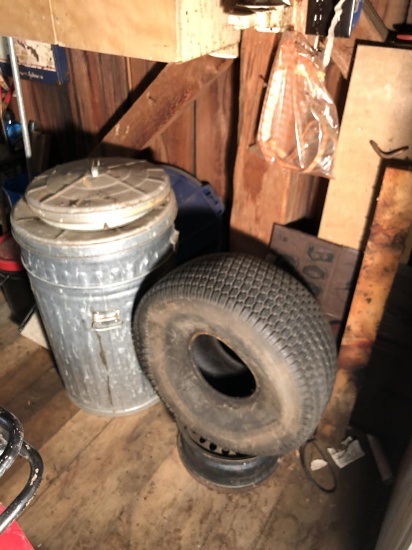 LUBRICANTS, ELECTRIC FENCE CONTROL, TIRES, CANS, PRUNING TOOLS & CONTENTS ON BACK WALL