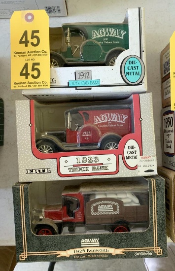 AGWAY ERTL 1912 OPEN CAB BANK, 1923 TRUCK BANK & 1925 KENWORTH DIE CAST