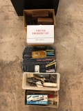 FIRST AID KIT, MISC. ITEMS, KNITTING NEEDLES, OLD MODELS