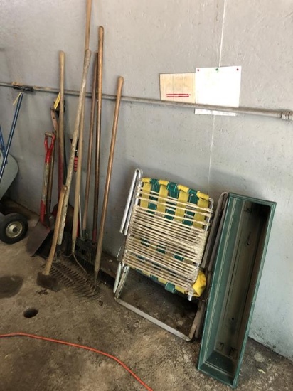 SHOVELS, RAKES, AXE, BROOM, LAWN CHAIR & PLANTER BOXES