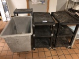 LOT: 2-WILSON BUS CARTS, TUB/BIN, PLASTIC SHELF UNIT