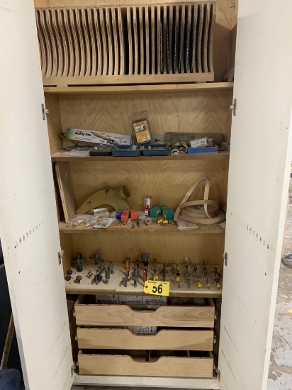 WOOD CABINET, ROUTER BITS, SAND PAPER, SAW BLADES