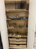 WOOD CABINET, ROUTER BITS, SAND PAPER, SAW BLADES