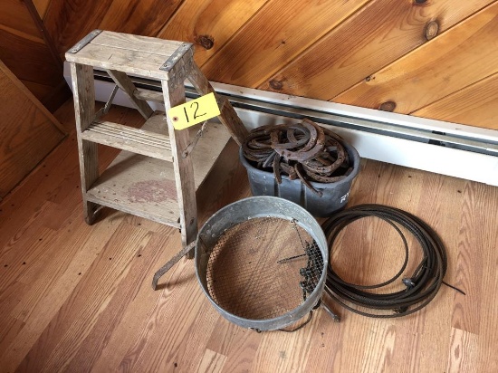 LOT: HORSE SHOES, STEP LADDER, SIFTER, CABLE