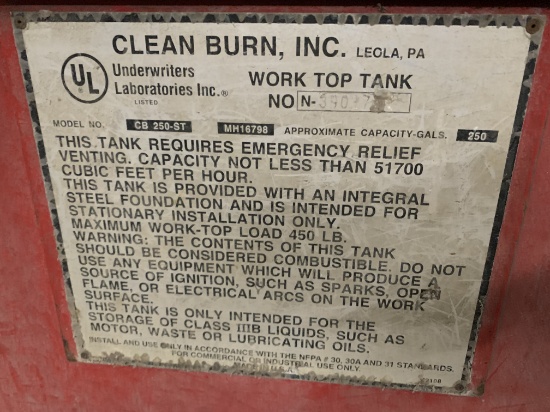 CLEAN BURN B1400 WASTE OIL FURNACE W/ 250 GALLON WORK TOP TANK