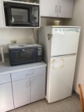 CONTENTS OF BREAK ROOM: REFRIGERATOR/FREEZER, TABLE & CHAIRS, 3-MICROWAVE OVENS, STAND
