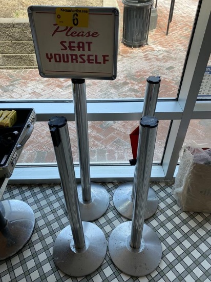 BELTRAC RETRACTABLE BELT STANCHIONS, W/ "PLEASE SEAT YOURSELF SIGN"