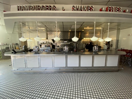 U-SHAPED LUNCH COUNTER, S/S FOOT RAIL, 98" X 23'2" X 24"D X 42"H, 2-SINKS, CASHIER STATION, STORAGE