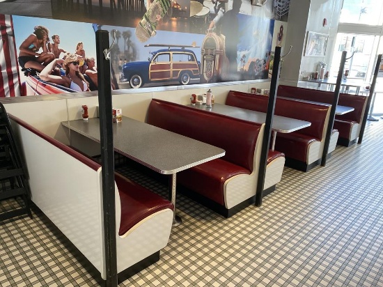 3-SECTION BOOTH UNIT, 3-6'X6' BOOTHES W/ 6' X 30" DOUBLE PEDESTAL TABLES, CHROME BASES,  VALETS