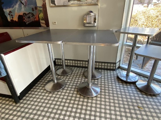 48" X 30" X 42"H DOUBLE PEDESTAL TABLES, CHROME BASES, LAMINATE TOP, CHROME EDGE BANDING