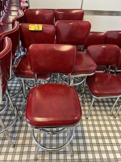 RED VINYL UPHOLSTERED BACK & BOTTOM, 30" BAR STOOLS, CHROME BASE, DOUBLE RINGS