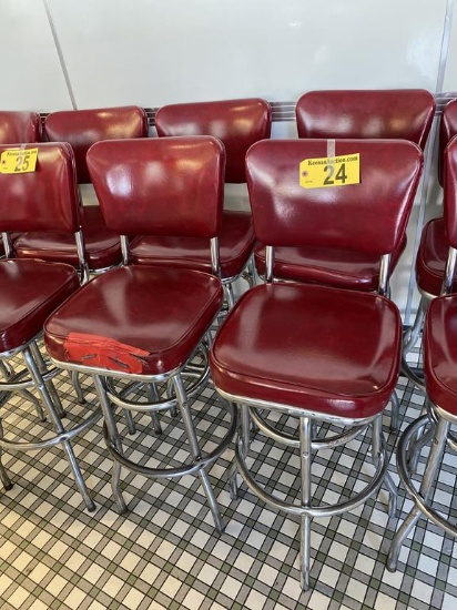 RED VINYL UPHOLSTERED BACK & BOTTOM, 30" BAR STOOLS, CHROME BASE, DOUBLE RINGS