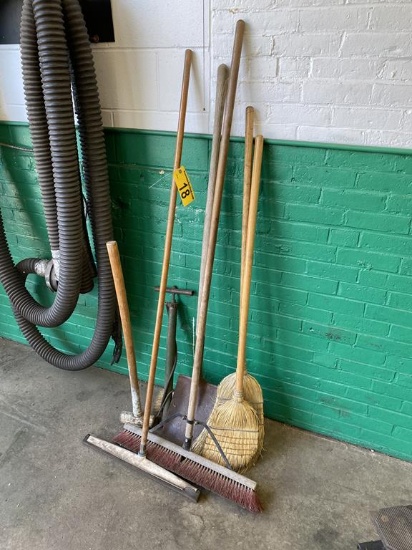 (6) LONG HANDLE BROOMS, SQUEEGEE, AIR PUMP