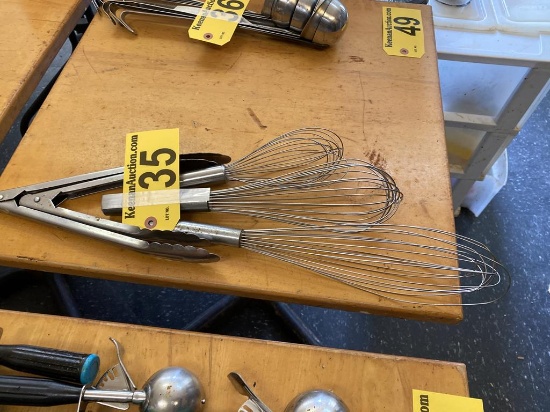 LOT: 3-WHISKS, 2-TONGS