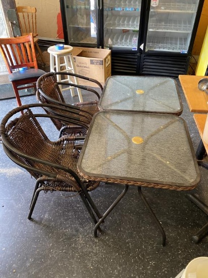 LOT: (2) 24" X 24" PATIO TABLES W/ 4-CHAIRS, 2-CHAIRS NEED SEAT BOTTOMS
