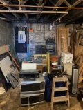 REMAINING CONTENTS IN CORNER OF BASEMENT: STEREO, LUMBER, MICROWAVES,PRINTS, SHELVES, GLASS, CHAIRS