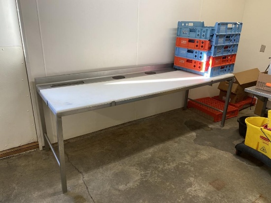 POLY TOP CUTTING TABLE, 8'L X 31.5"D X 32"H, 3" BACKSPLASH, STAINLESS STEEL FRAME, WASTE HOLES