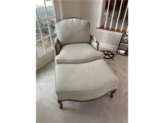 ETHAN ALLEN UPHOLSTERED SIDE ARM CHAIR W/ MATCHING OTTOMAN