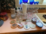 LOT OF ASSORTED COASTERS, GLASS VASES, CANDLES, SOAP, LOTIONS