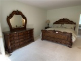 4-PIECE KING SIZE BEDROOM SET, BED, MARBLE TOP TRIPLE DRESSER, TALL CHEST OF DRAWERS, NIGHT STAND