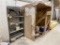 LOT: METAL PARTS SHELVING, 58”H X 36”W X 18”D, 8’ WORK BENCH, 80”W PLYWOOD ENCLOSURE. 3-PHOTOS