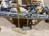 BROOMS, SHOVEL, ASSORTED HAND TOOLS, (2) 4’ LEVELS. 2-PHOTOS
