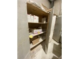 SUPPLIES IN WOODEN STORAGE CABINET. 3-PHOTOS