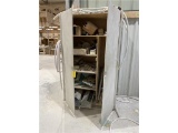 2-DOOR WOOD STORAGE CABINET AND CONTENTS. 4-PHOTOS