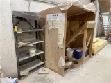 LOT: METAL PARTS SHELVING, 58”H X 36”W X 18”D, 8’ WORK BENCH, 80”W PLYWOOD ENCLOSURE. 3-PHOTOS