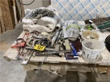ASSRTED HAND TOOLS, LEVELS, TARP, BOOSTER CABLES, S/S HARDWARE. 2-PHOTOS