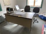 (2) MATCHING SINGLE PEDESTAL METAL DESKS W/ RH RETURNS W/ 2-OFFICE CHAIRS. SELLING BY THE PIECE