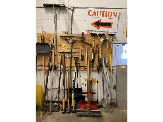 LOT: 22-ASSORTED LONG HANDLE TOOLS, DUSTPANS