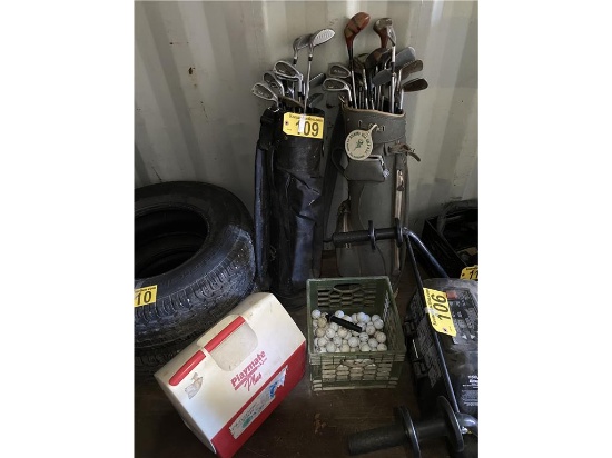 LOT: (2) SETS GOLF CLUBS, BAGS, COOLER, BALLS