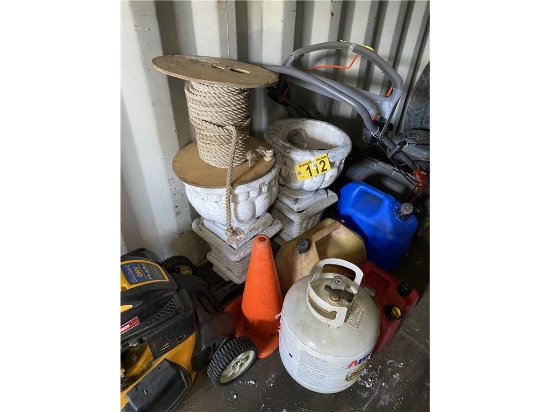 MISCELLANEOUS LOT OF PLANTERS, FUEL CANS, ROPE