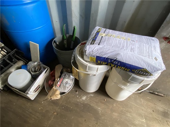 MISCELLANEOUS LOT OF MORTAR MIX, METAL SHEARS, FLASHING, ASSORTED TOOLS