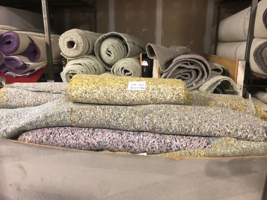 LOT OF ASSORTED CARPET, PADS ON (3) PORTABLE STACK RACKS