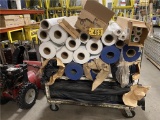 LOT OF (30) ASSORTED ROLLS TABLE COVERING W/CART 6-BLUE, 20-WHITE, 4 ROLL BLACK