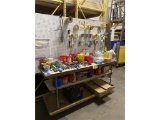 ASSORTED TAPE, C-CLAMPS, FASTENERS, CART AND TABLE