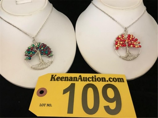 (2) TREE OF LIFE NECKLACES, 1-MULTI & 1-RED/YELLOW