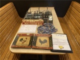 LOT: 6-CONDIMENT HOLDERS, COLORING SHEETS & CRAYONS, 2-ROOSTER PLATES, MENU JACKETS, TIN SIGN