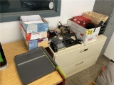 MISC. OFFICE LOT: PAPER CUTTER, PUNCH, TAPE DISPENSER, STAPLER, ENVELOPES, PAPER, PAPER FILES