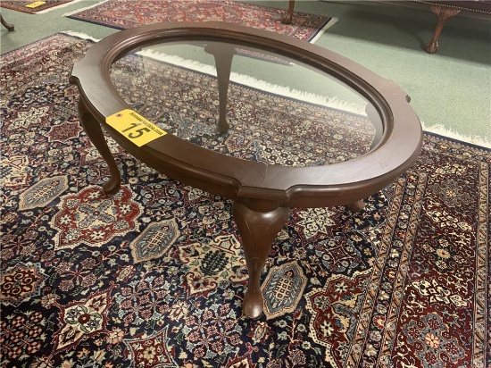 OVAL GLASS TOP COFFEE TABLE, 37" X 30" X 17"H